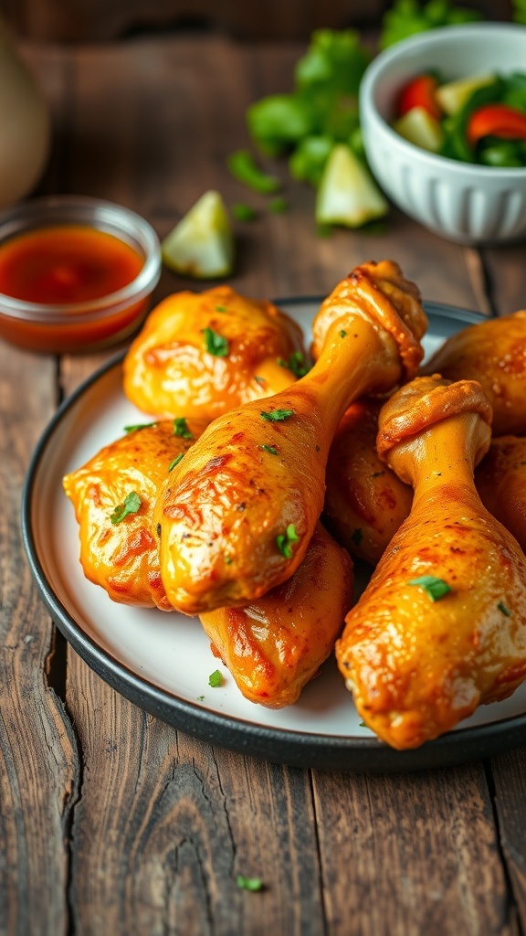 Golden-brown oven-baked chicken drumsticks on a plate, garnished with herbs and served with dipping sauce.